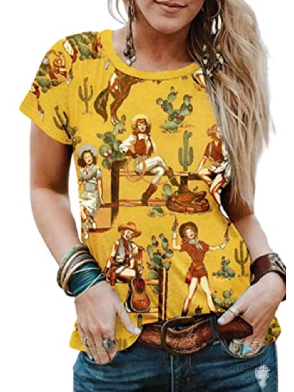 Women's Western Cactus Horse Graphic Tee Short Sleeve Casual T-Shirt